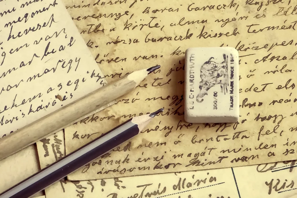 importance d'écrire : feuille manuscrite avec deux crayons et une gomme